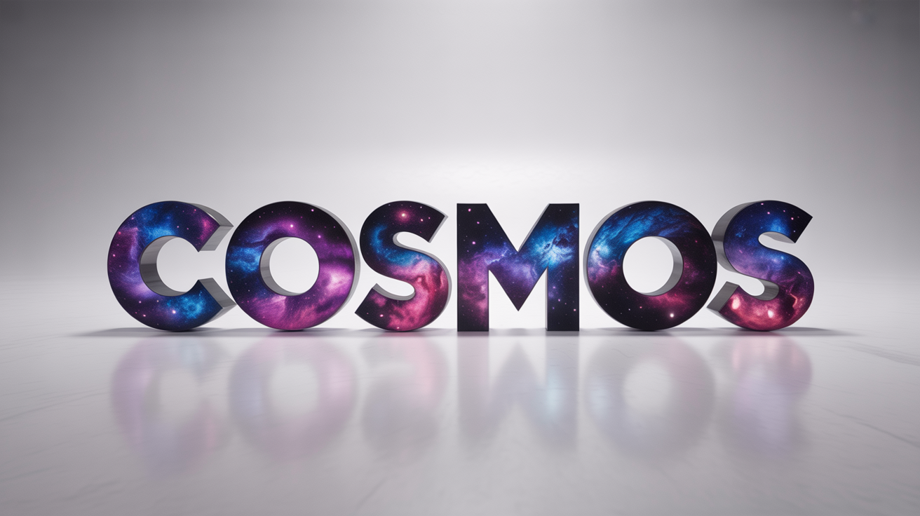 A photorealistic mockup of the word 'COSMOS' rendered in a bold, 3D font. The text is filled with a vibrant galaxy and nebula pattern, set against a clean white background.