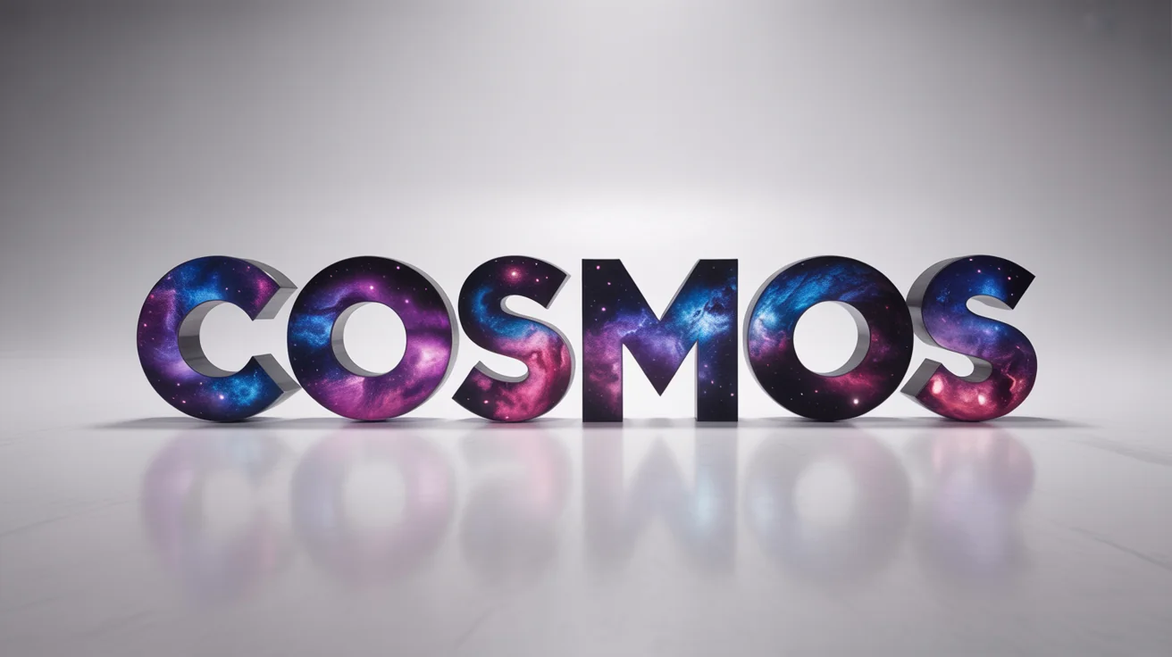 A photorealistic mockup of the word 'COSMOS' rendered in a bold, 3D font. The text is filled with a vibrant galaxy and nebula pattern, set against a clean white background.