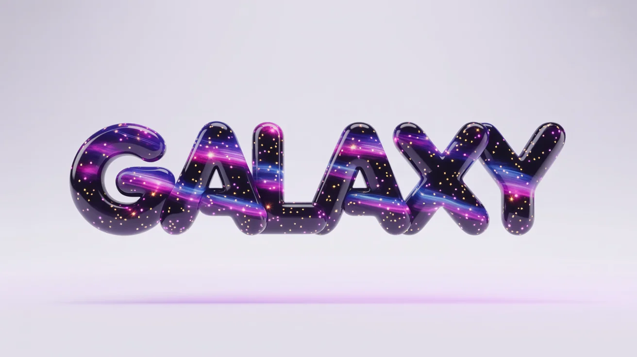 The word 'GALAXY' is rendered in a bold 3D font. The text is filled with a colorful and detailed texture of a star-filled galaxy, set against a clean white background.