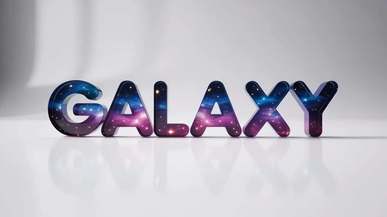 Bold, 3D text that reads 'GALAXY' is shown against a plain white background. The text itself has a vibrant galaxy texture, filled with stars and swirls of blue, purple, and pink.