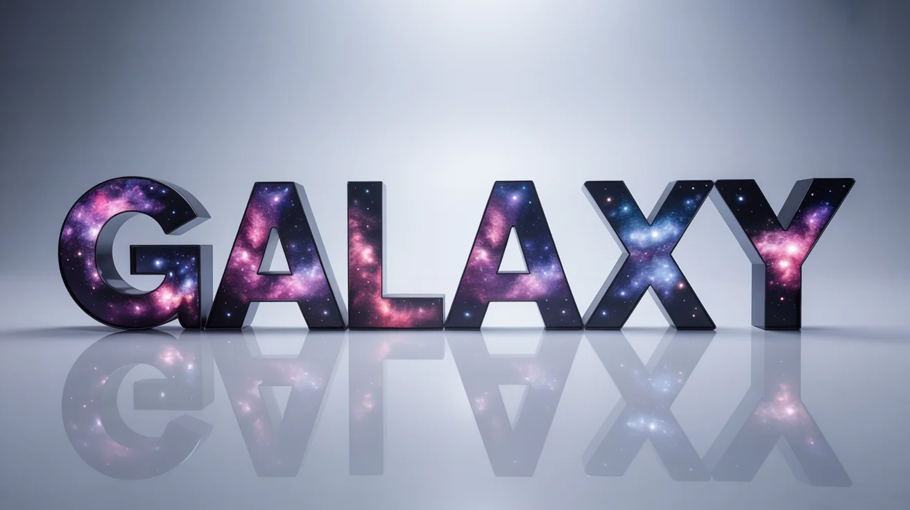 The word 'GALAXY' rendered in bold, 3D letters with a vibrant, colorful galaxy and nebula texture, set against a plain white background.