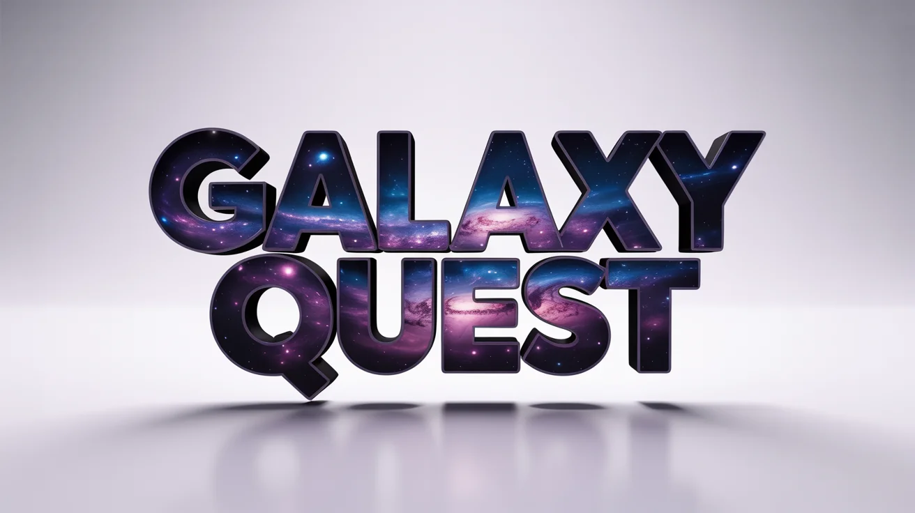 A photorealistic mockup of the words 'GALAXY QUEST' rendered in a 3D style, with the letters filled with a vibrant purple and blue galaxy pattern, set against a clean white background.