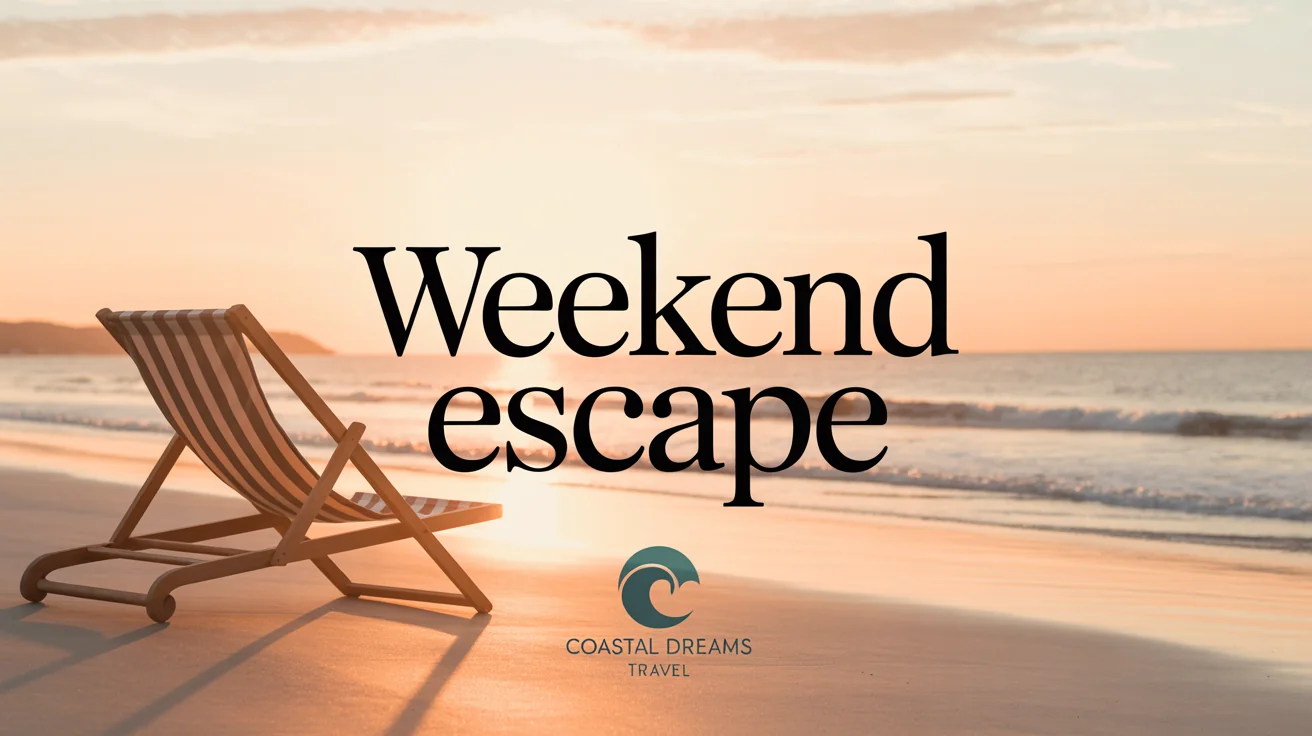 A social media post with a text overlay. The background is a beautiful beach sunset, and the text in the center says 'Weekend Escape' in a modern font.