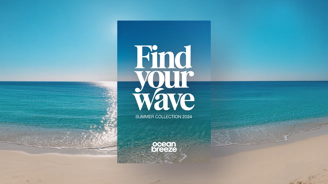 A mockup of a social media post for a 'Summer Collection 2024', featuring a beautiful beach photo with the text 'Find Your Wave' overlaid in a modern white font.