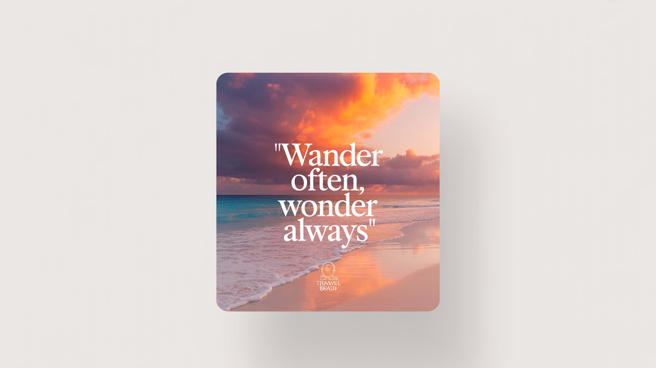 A mockup of a social media post featuring a stunning tropical beach sunset. Text overlaid on the image reads: 'Wander Often, Wonder Always'.