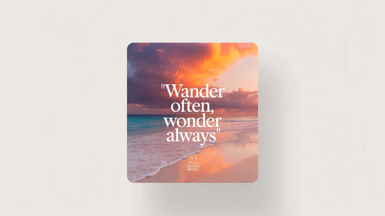 A mockup of a social media post featuring a stunning tropical beach sunset. Text overlaid on the image reads: 'Wander Often, Wonder Always'.