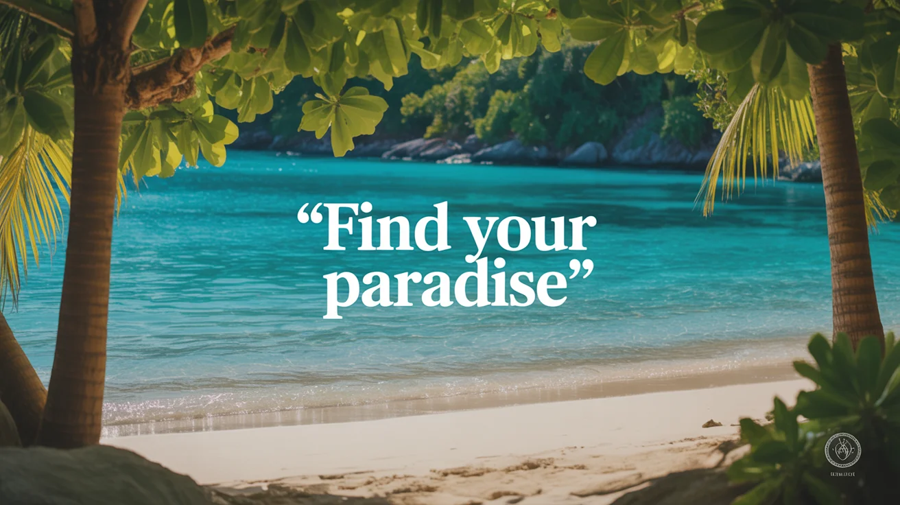 A mockup of a social media post featuring a beautiful tropical beach photo with the text 'Find Your Paradise' overlaid, all on a clean white background.