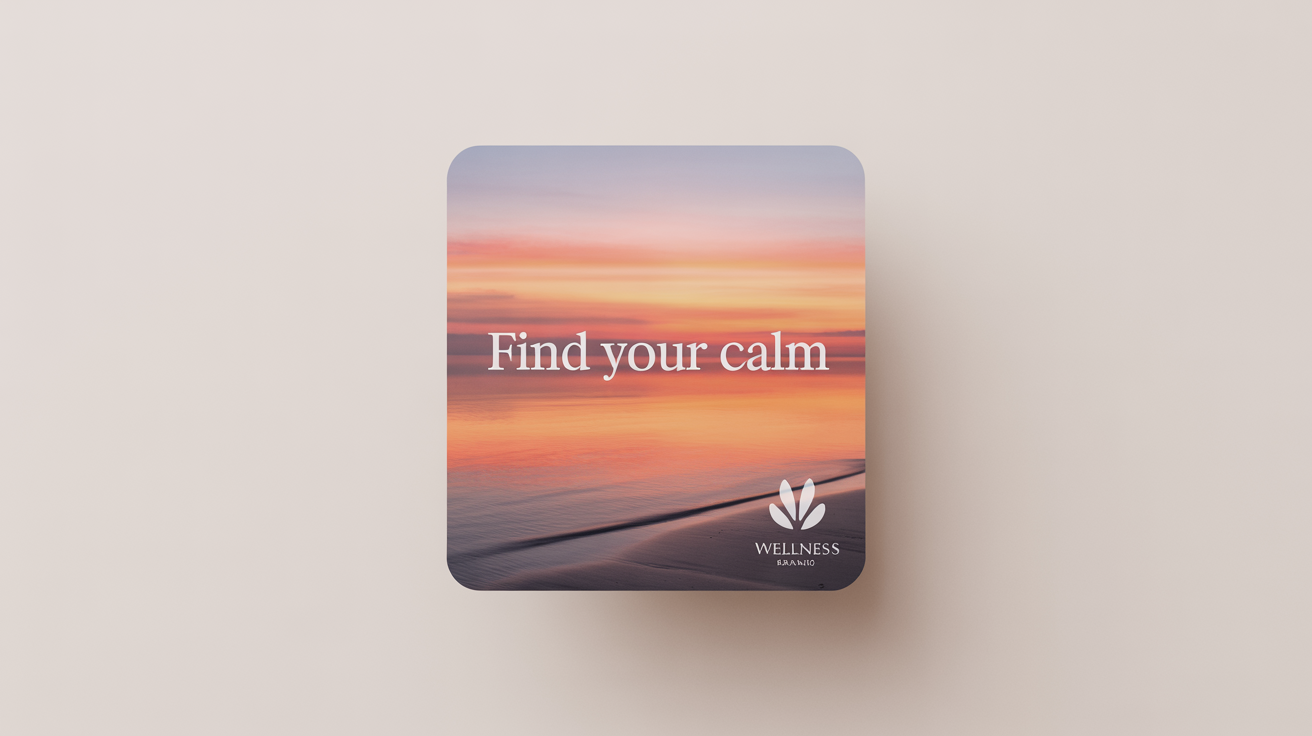 A mockup of a social media post with a beautiful sunset beach photo and the text overlay 'Find Your Calm' in a white font.