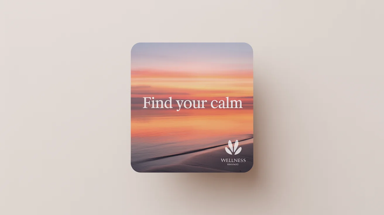 A mockup of a social media post with a beautiful sunset beach photo and the text overlay 'Find Your Calm' in a white font.