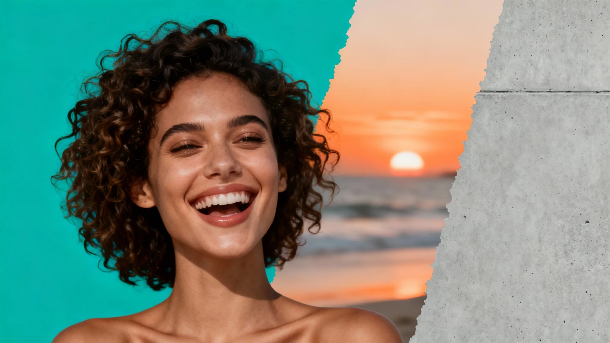 A woman's portrait flawlessly cut out and placed over a background split into three sections: a solid teal color, a beach at sunset, and a gray concrete texture, demonstrating a perfect portrait segmentation result.