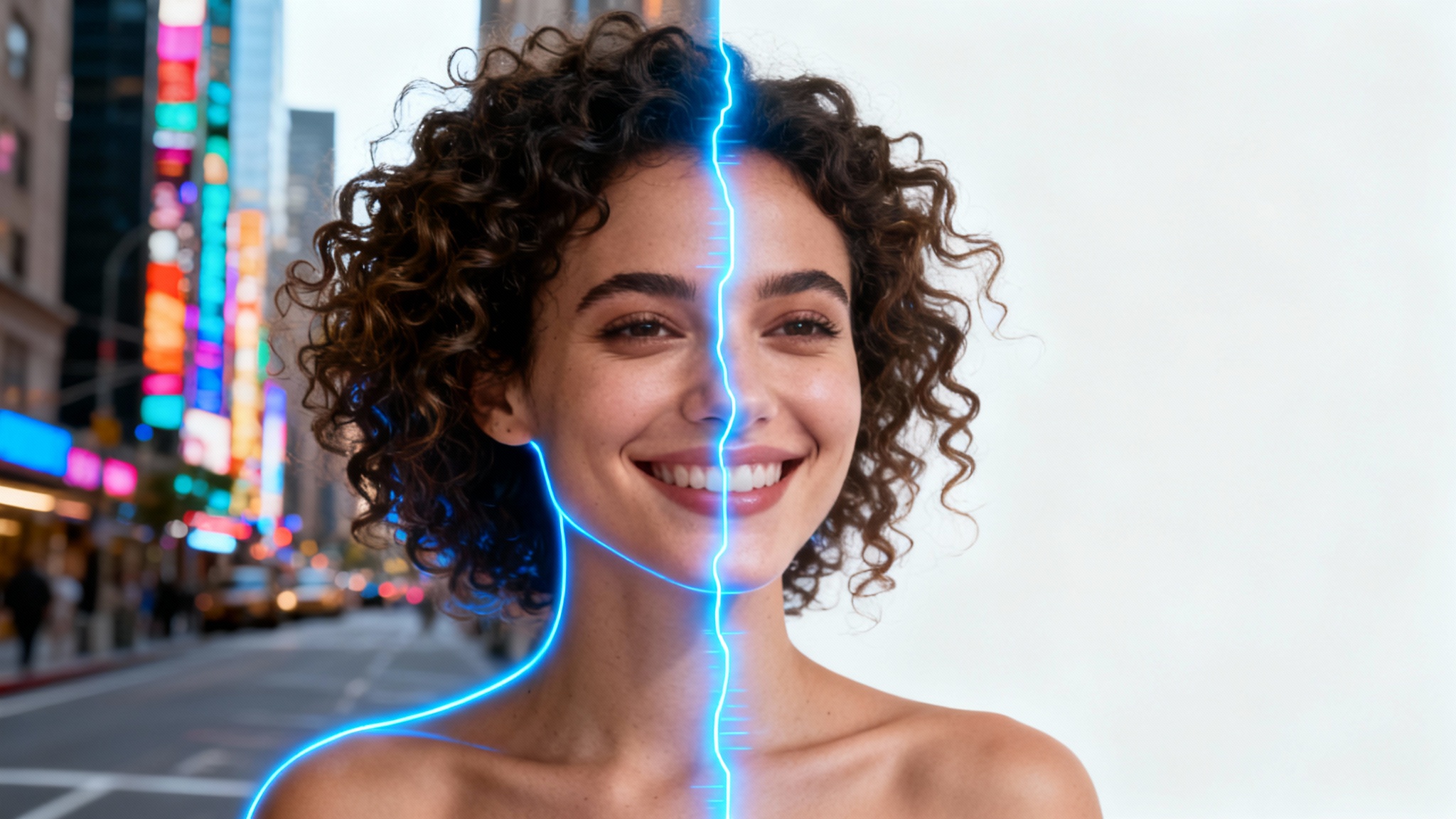 A visual demonstration of portrait segmentation, showing a woman's portrait being digitally traced and separated from a city background onto a clean white canvas.