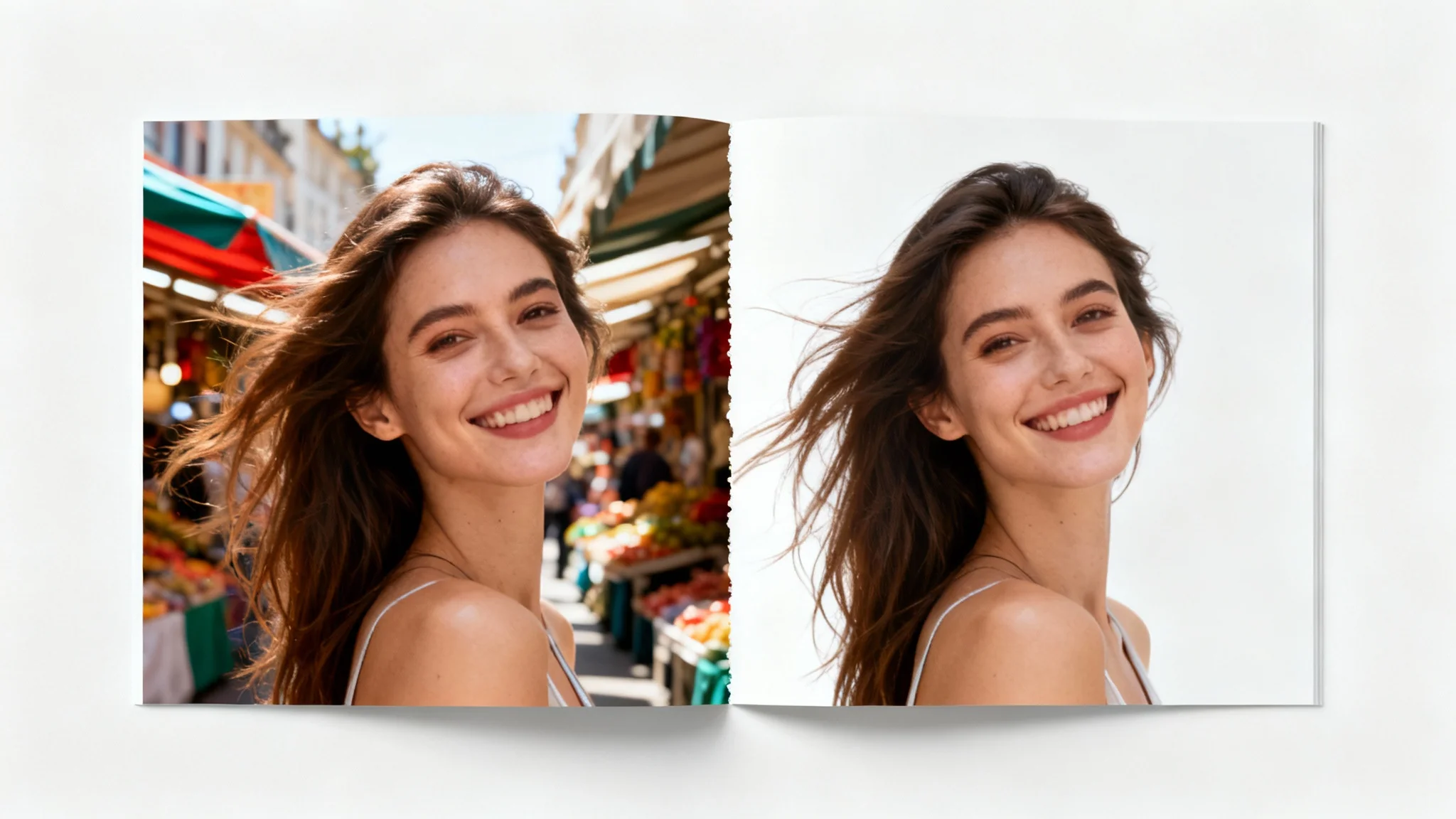 A before-and-after image demonstrating portrait segmentation, showing a woman first against a busy market and then perfectly isolated on a white background.