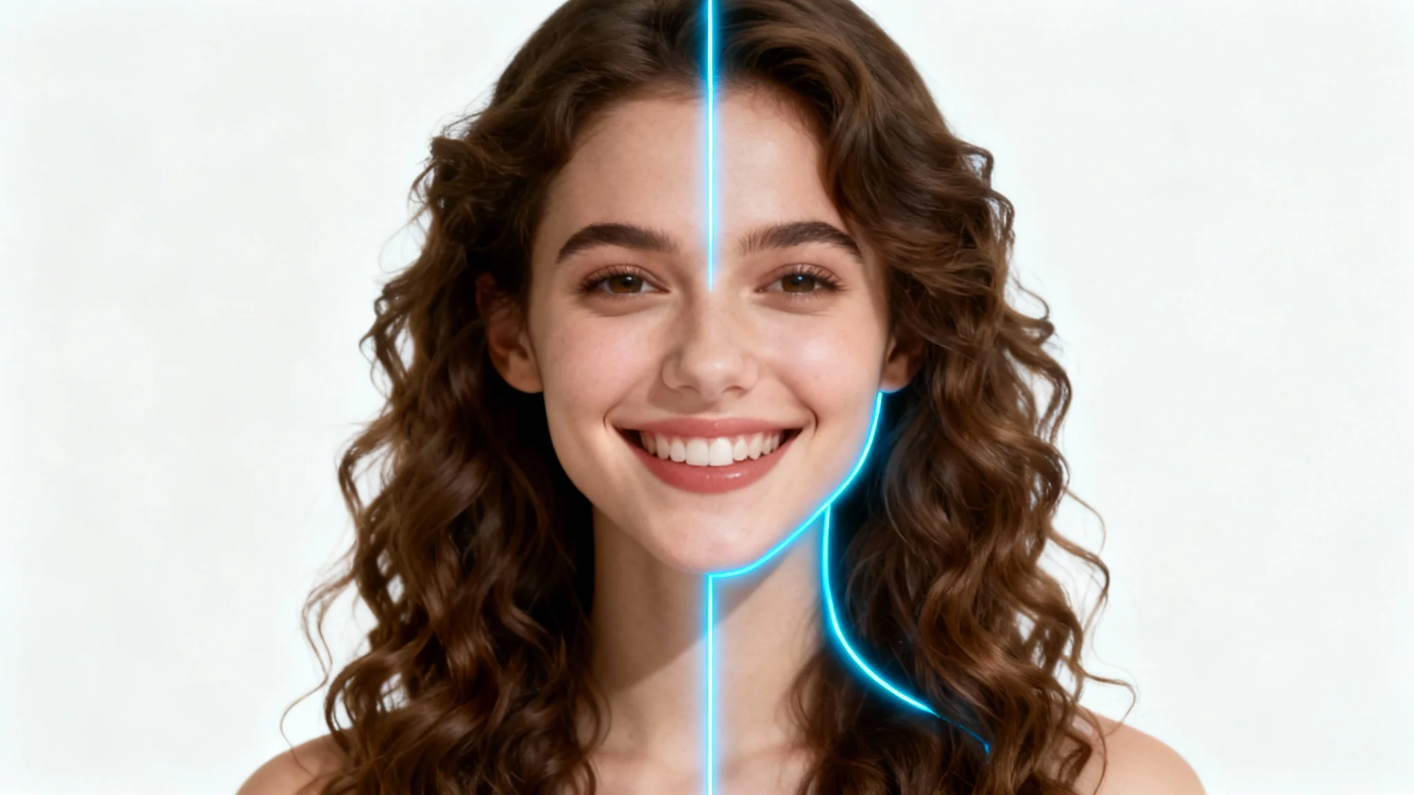A portrait of a smiling woman with a glowing blue line tracing her outline, demonstrating portrait segmentation against a clean white background.