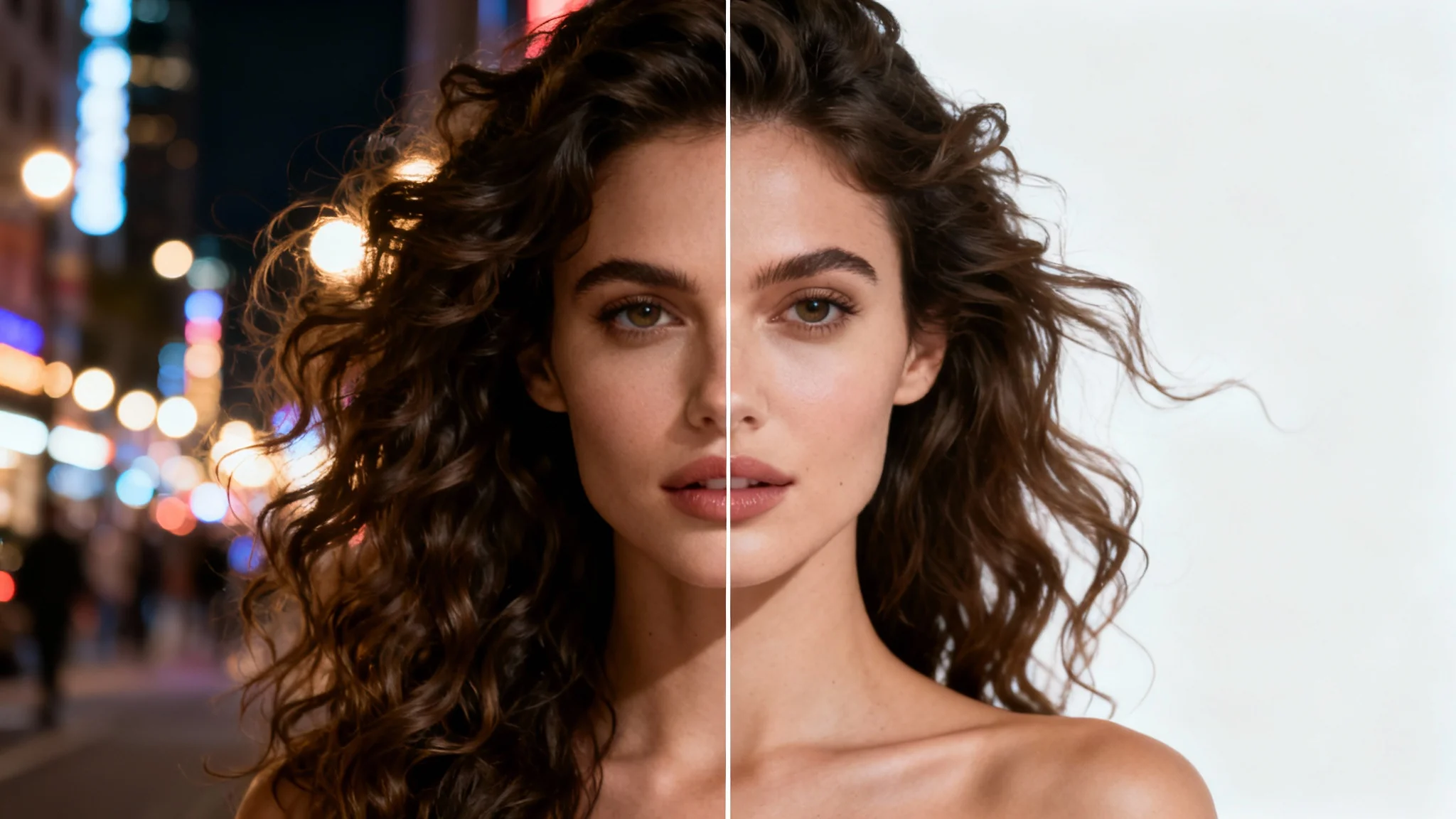 A photorealistic portrait of a woman split in two halves: the left side shows her against a blurry city lights background, while the right side shows her perfectly isolated against a clean white background, demonstrating portrait segmentation.