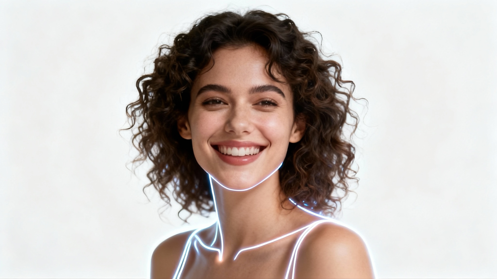 A studio portrait of a smiling woman, perfectly outlined by a thin glowing line that separates her from the solid white background, illustrating the concept of portrait segmentation.