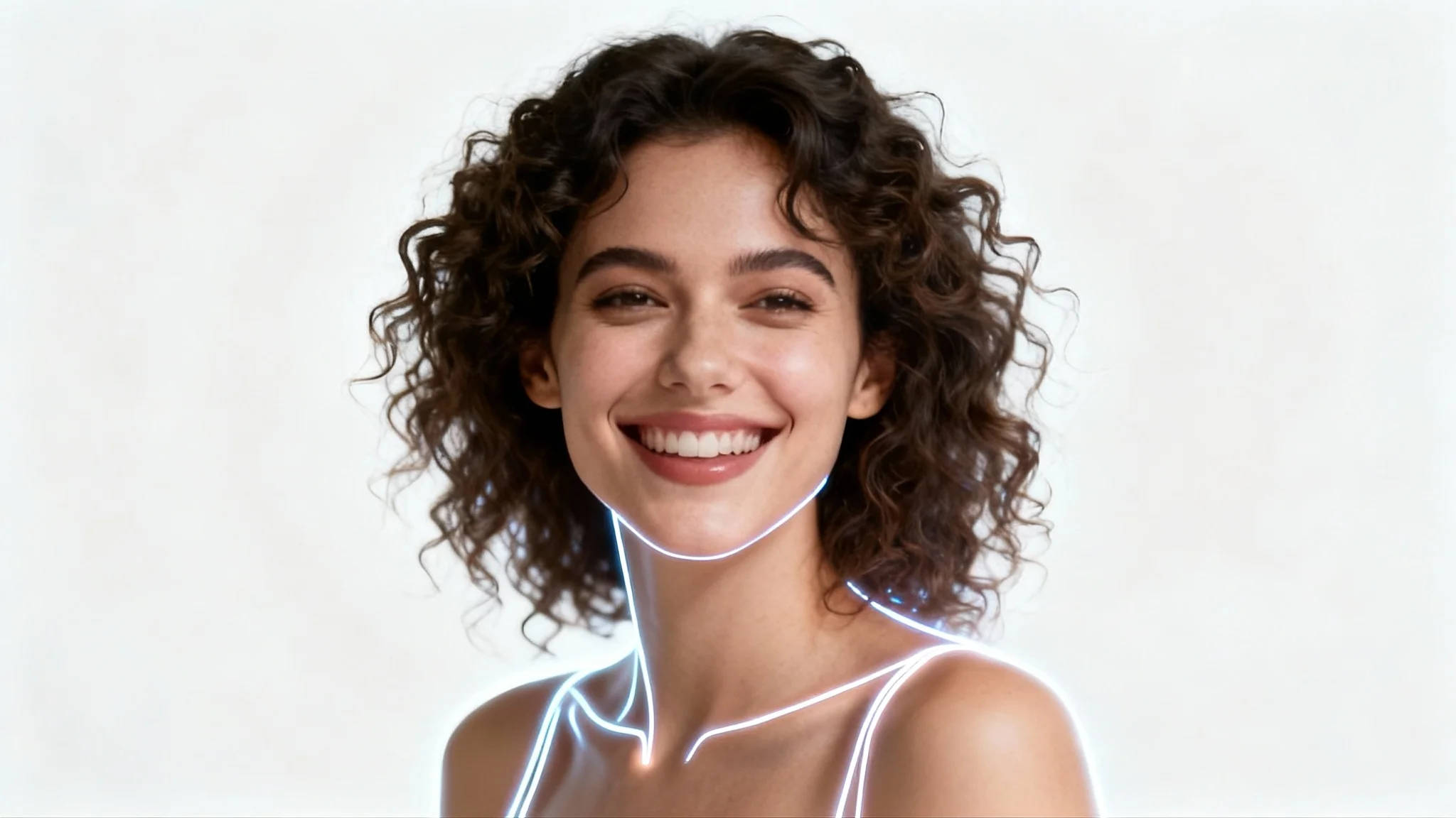 A studio portrait of a smiling woman, perfectly outlined by a thin glowing line that separates her from the solid white background, illustrating the concept of portrait segmentation.