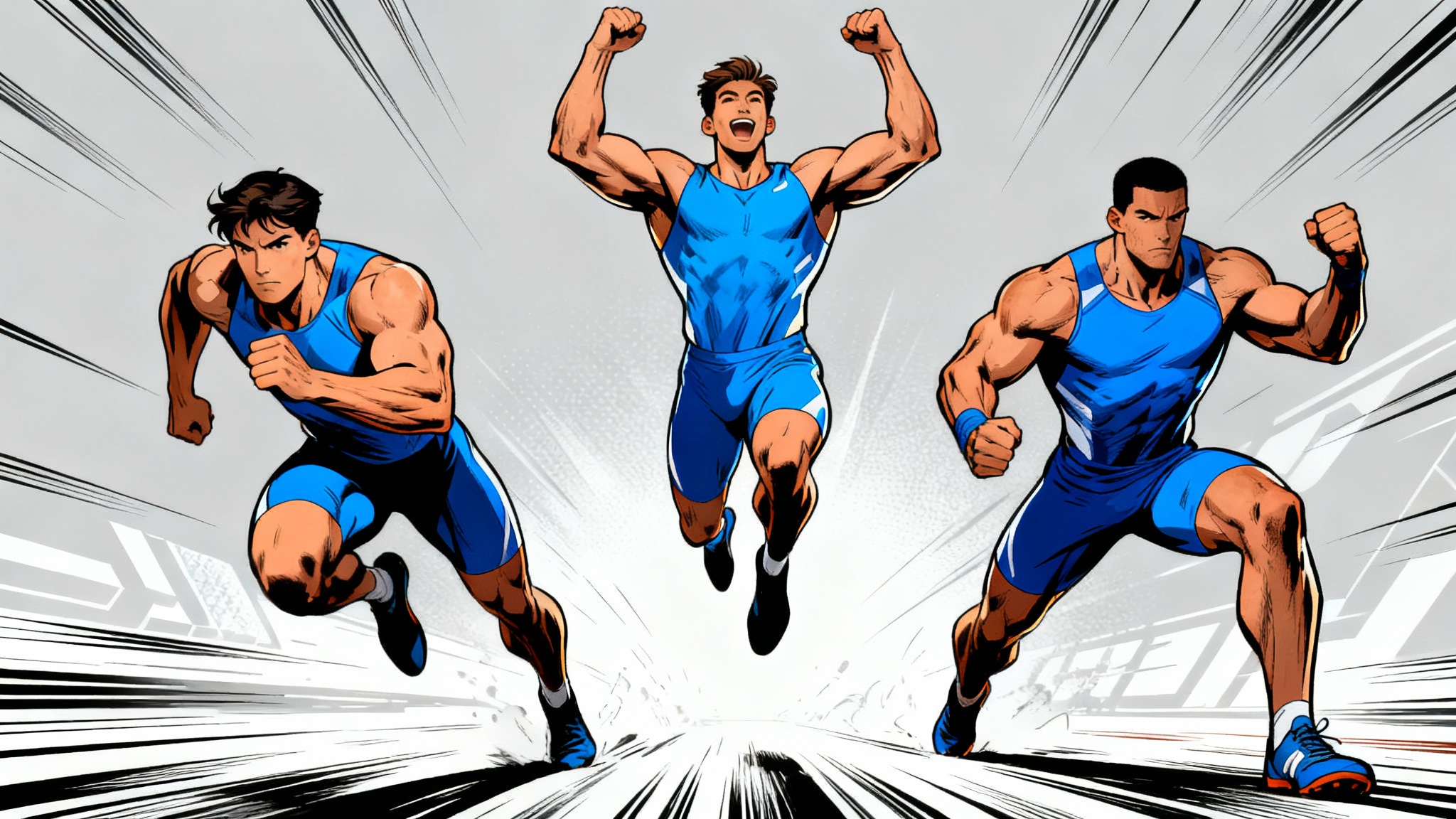 A 16:9 hero image in a vibrant comic book style, showing a muscular man in a blue outfit in three different dynamic poses: sprinting, leaping victoriously, and in a fighting stance, all within a single composition.