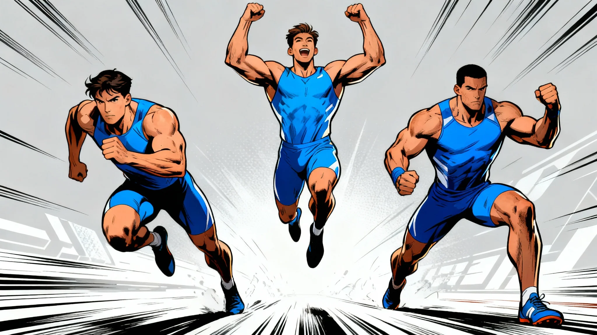 A 16:9 hero image in a vibrant comic book style, showing a muscular man in a blue outfit in three different dynamic poses: sprinting, leaping victoriously, and in a fighting stance, all within a single composition.