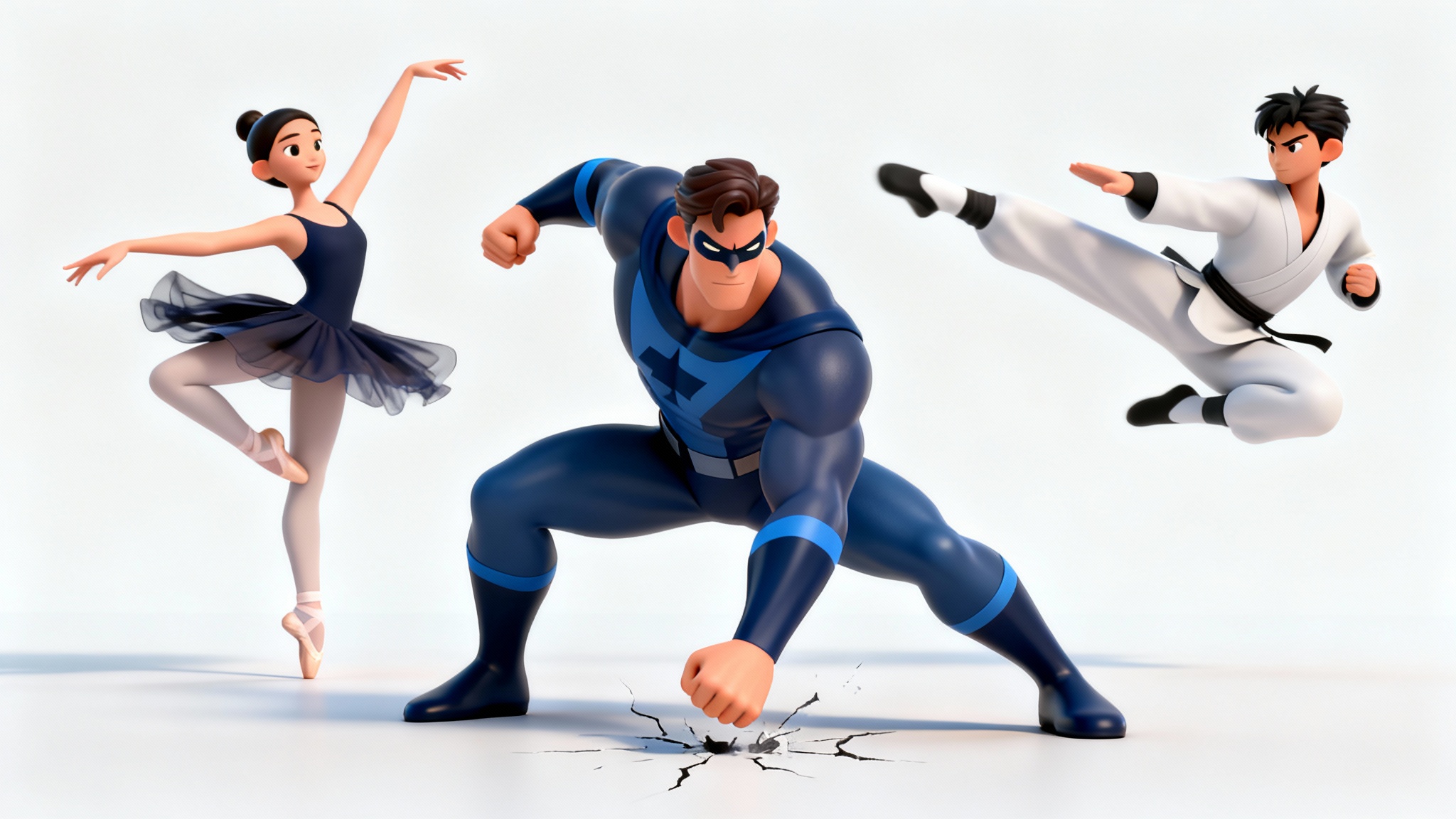 Three stylized 3D characters in dynamic poses against a white background: a superhero landing, a dancer mid-pirouette, and a martial artist in a flying kick.