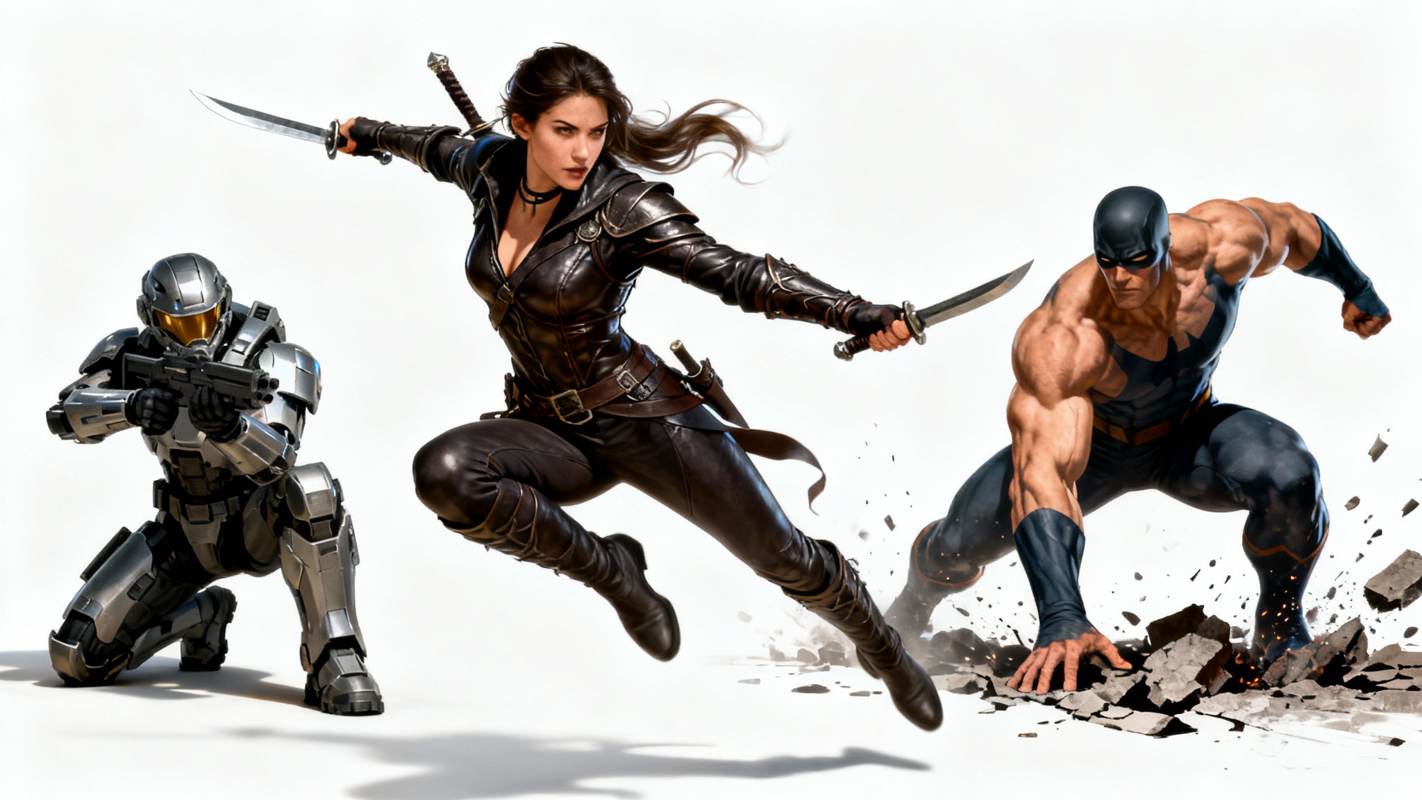 A digital art collage showcasing three different characters, a fantasy rogue, a sci-fi soldier, and a superhero, each in a dynamic action pose against a clean white background.