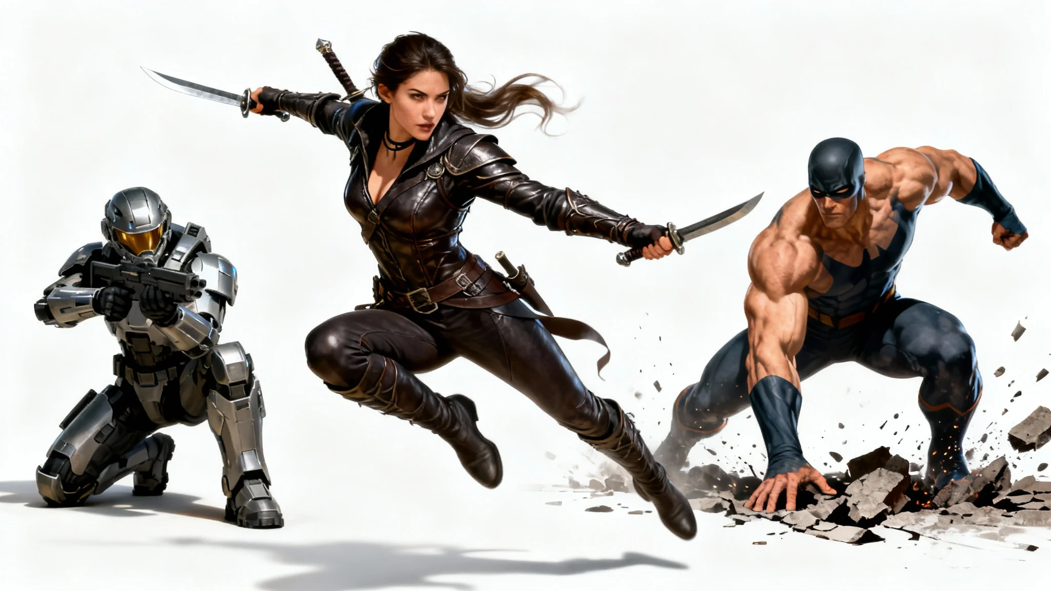 A digital art collage showcasing three different characters, a fantasy rogue, a sci-fi soldier, and a superhero, each in a dynamic action pose against a clean white background.