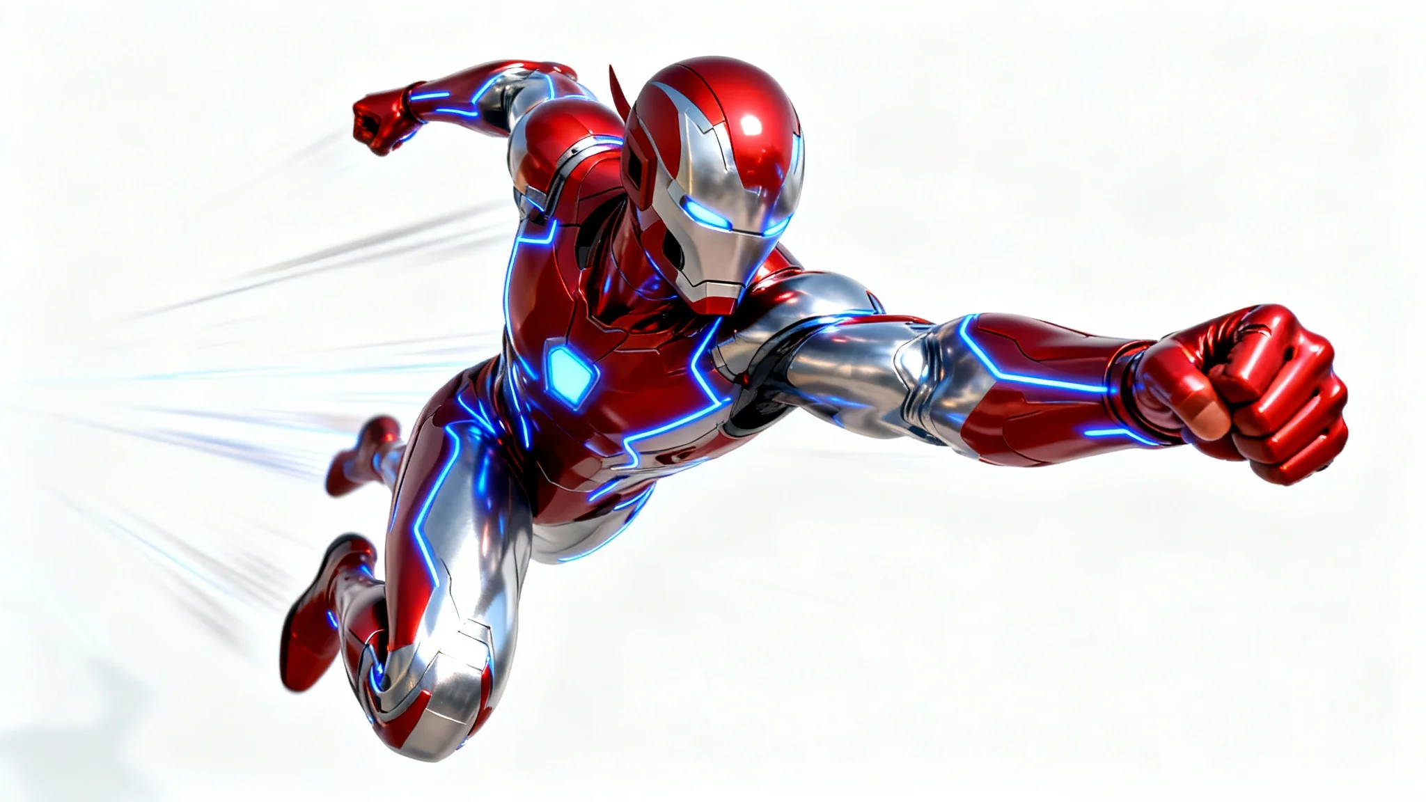A photorealistic digital illustration of a male superhero in a red and silver suit, frozen in a dynamic mid-air punching pose against a stark white background.