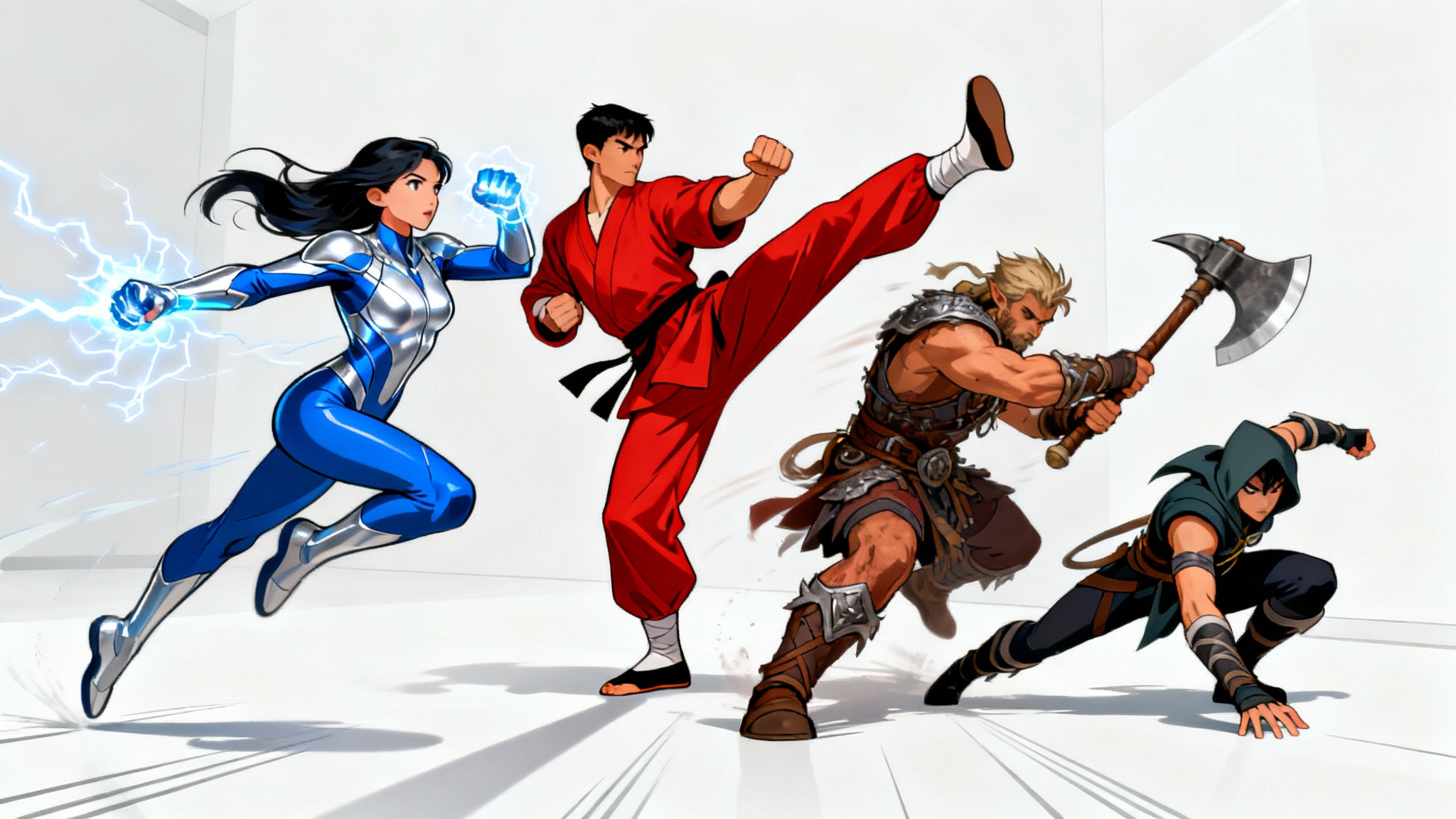 A concept art sheet displaying four diverse characters, a superhero, a martial artist, a warrior, and a rogue, each in a unique and dynamic action pose against a plain white background.