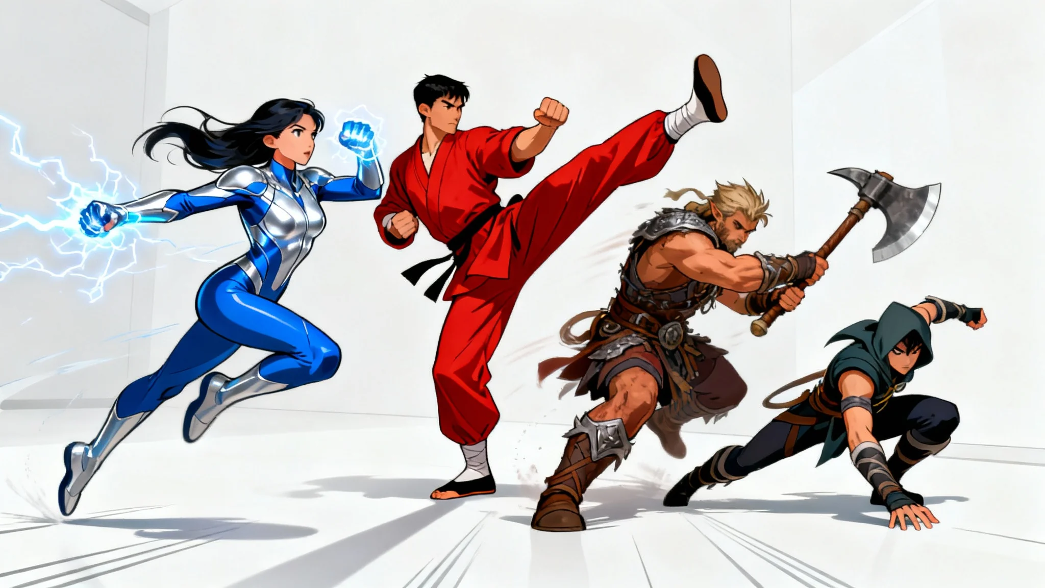 A concept art sheet displaying four diverse characters, a superhero, a martial artist, a warrior, and a rogue, each in a unique and dynamic action pose against a plain white background.