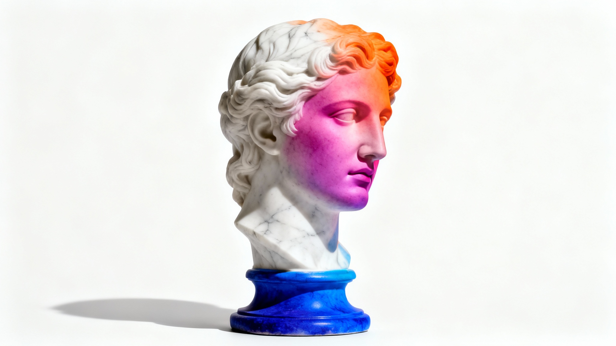 A classical Greek bust statue transformed by a vibrant color gradient of blue, pink, and orange, set against a stark white background.