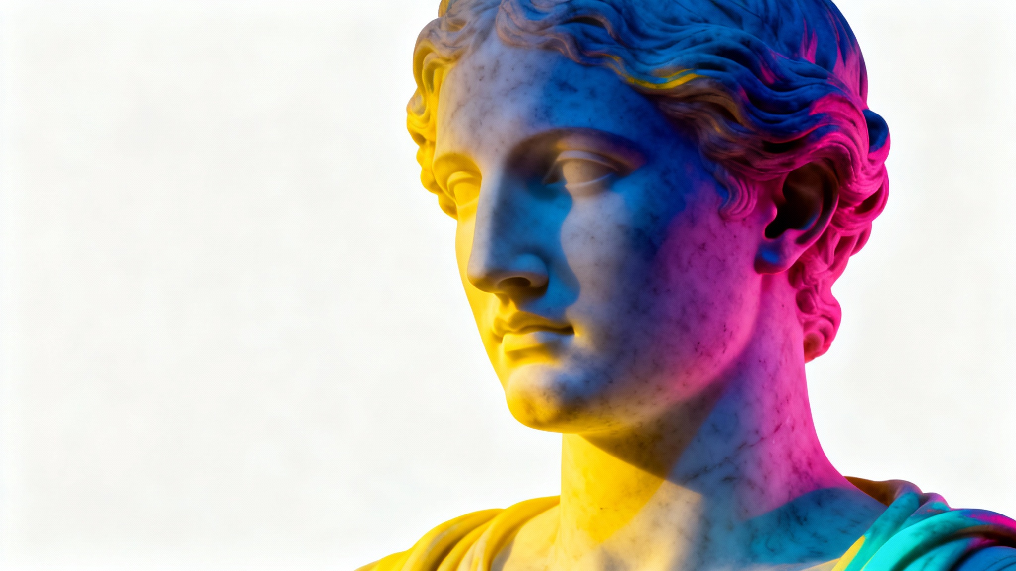 A classical marble statue bust re-colored with a vibrant digital gradient map, shifting from deep blue shadows to pink and bright yellow highlights, set against a plain white background.