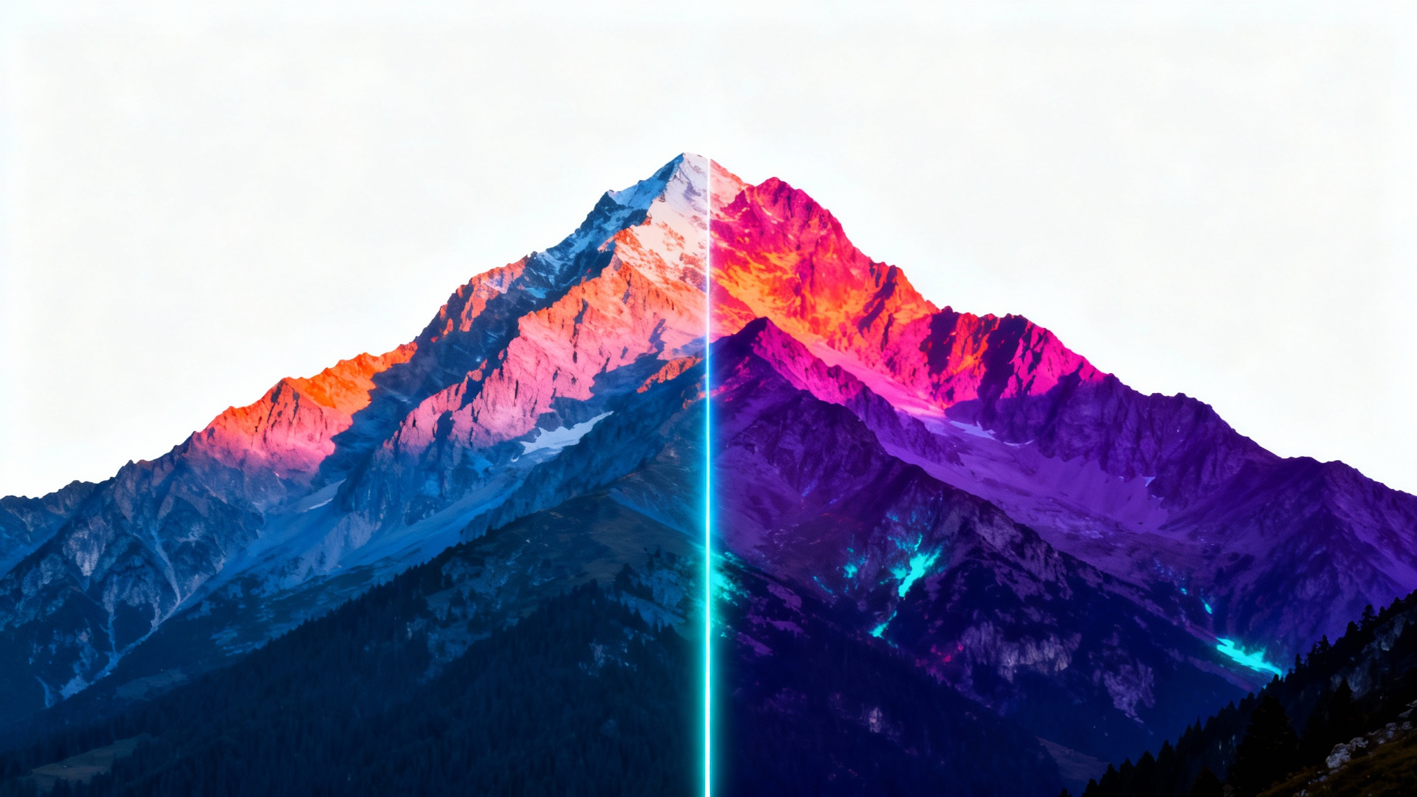 A before-and-after image of a mountain landscape. The left side is photorealistic, and the right side has a vibrant gradient map applied, changing the colors to purple, magenta, and cyan. The image is on a white background.
