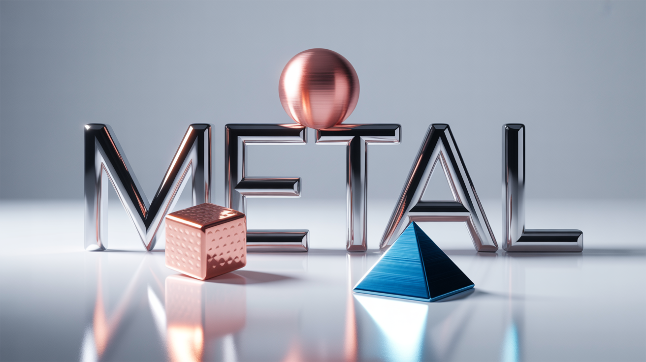 An eye-catching display of various metallic textures applied to 3D shapes and text, including chrome, rose gold, hammered copper, and blue aluminum, set against a clean background.