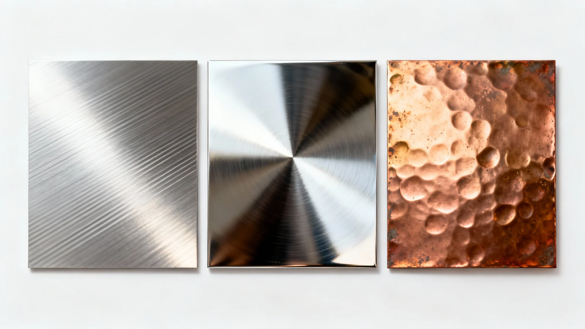 A high-resolution image displaying three distinct metallic textures, brushed aluminum, polished chrome, and hammered copper, side-by-side against a clean white background.