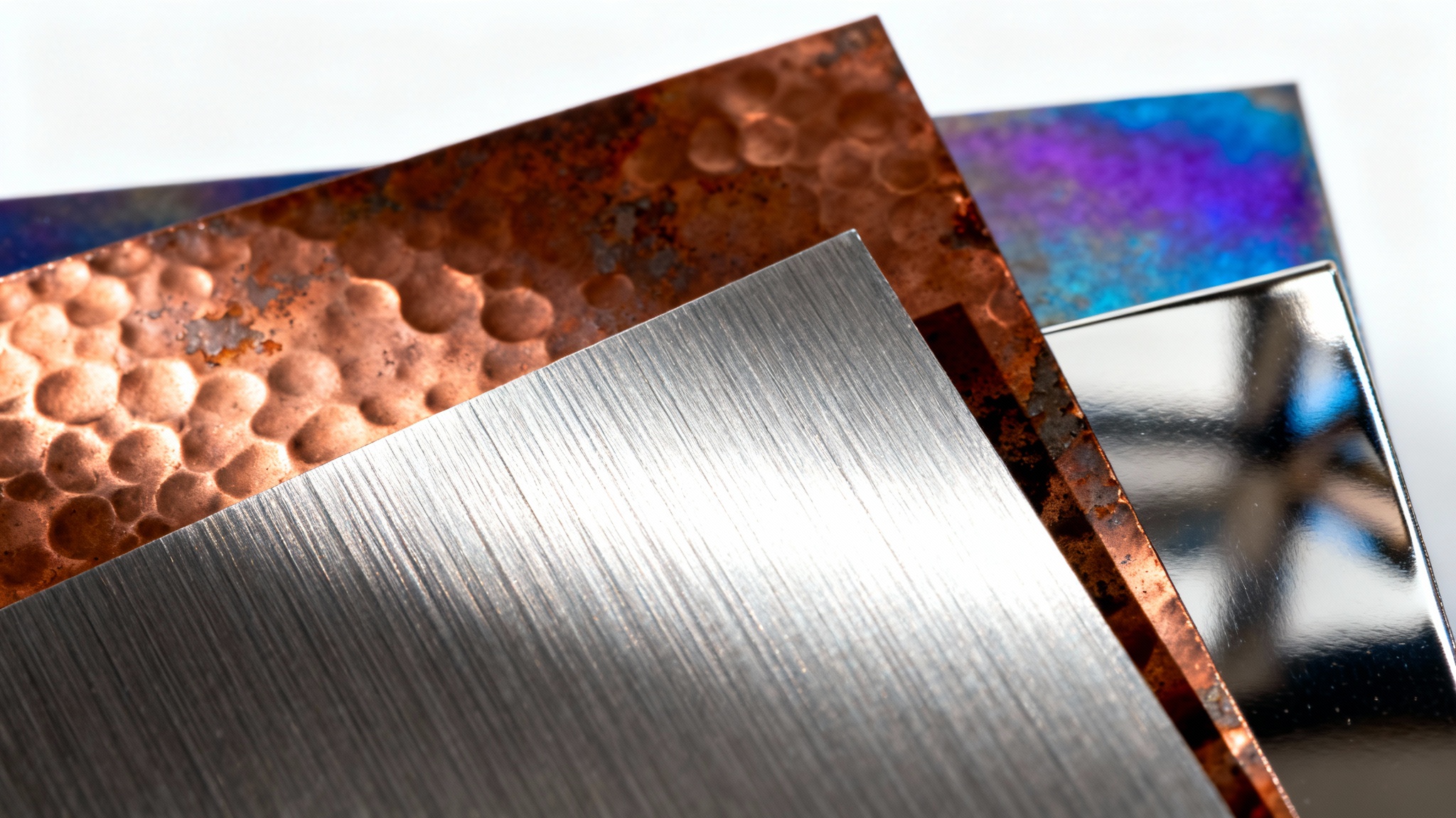 A close-up, abstract composition of various metallic surfaces, including brushed steel, hammered copper, and polished chrome, set against a plain white background to highlight their textures.
