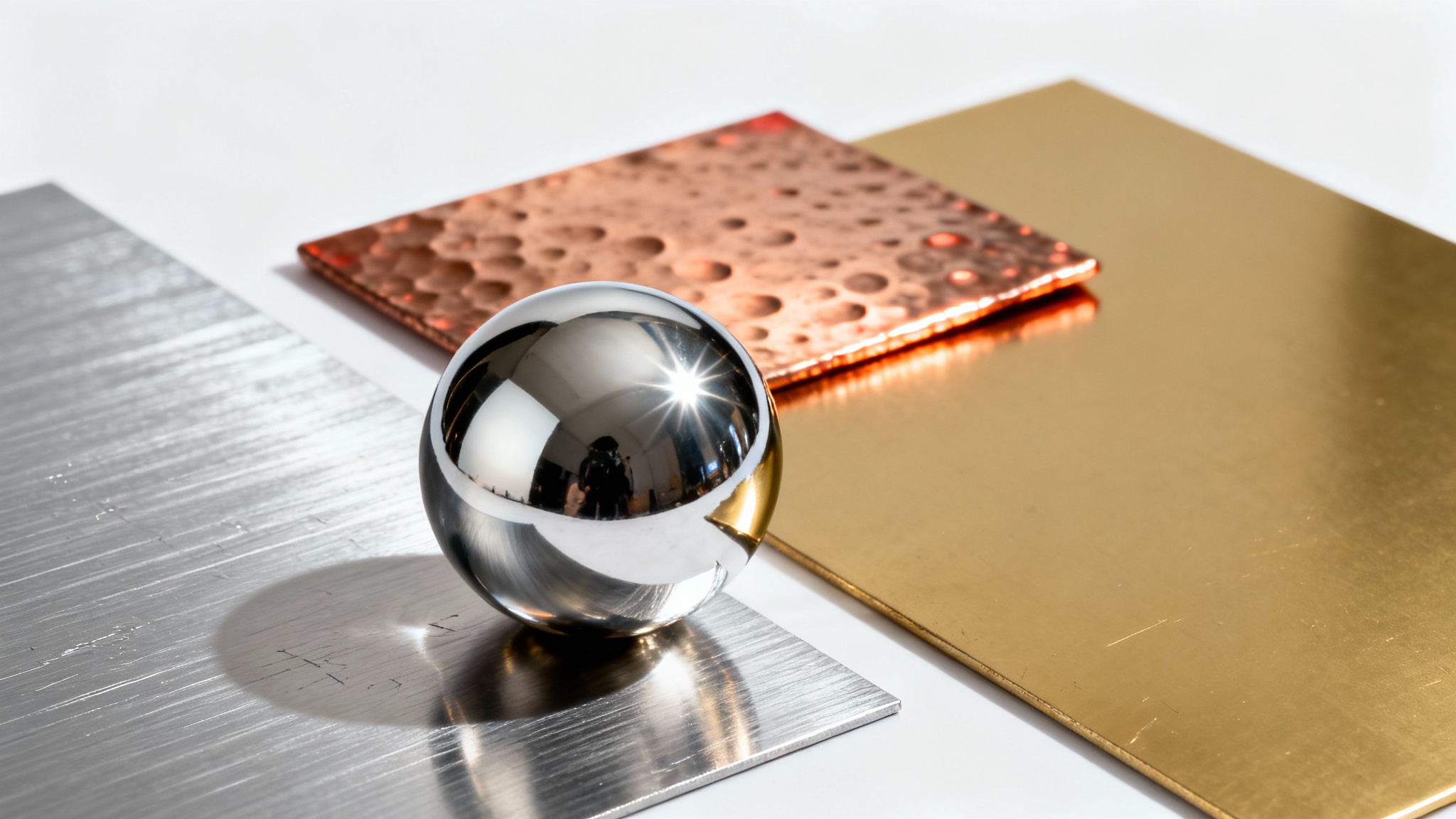 A photorealistic display of various metallic textures, including a polished chrome sphere, brushed aluminum, hammered copper, and matte gold, arranged on a clean white background to highlight their different finishes.
