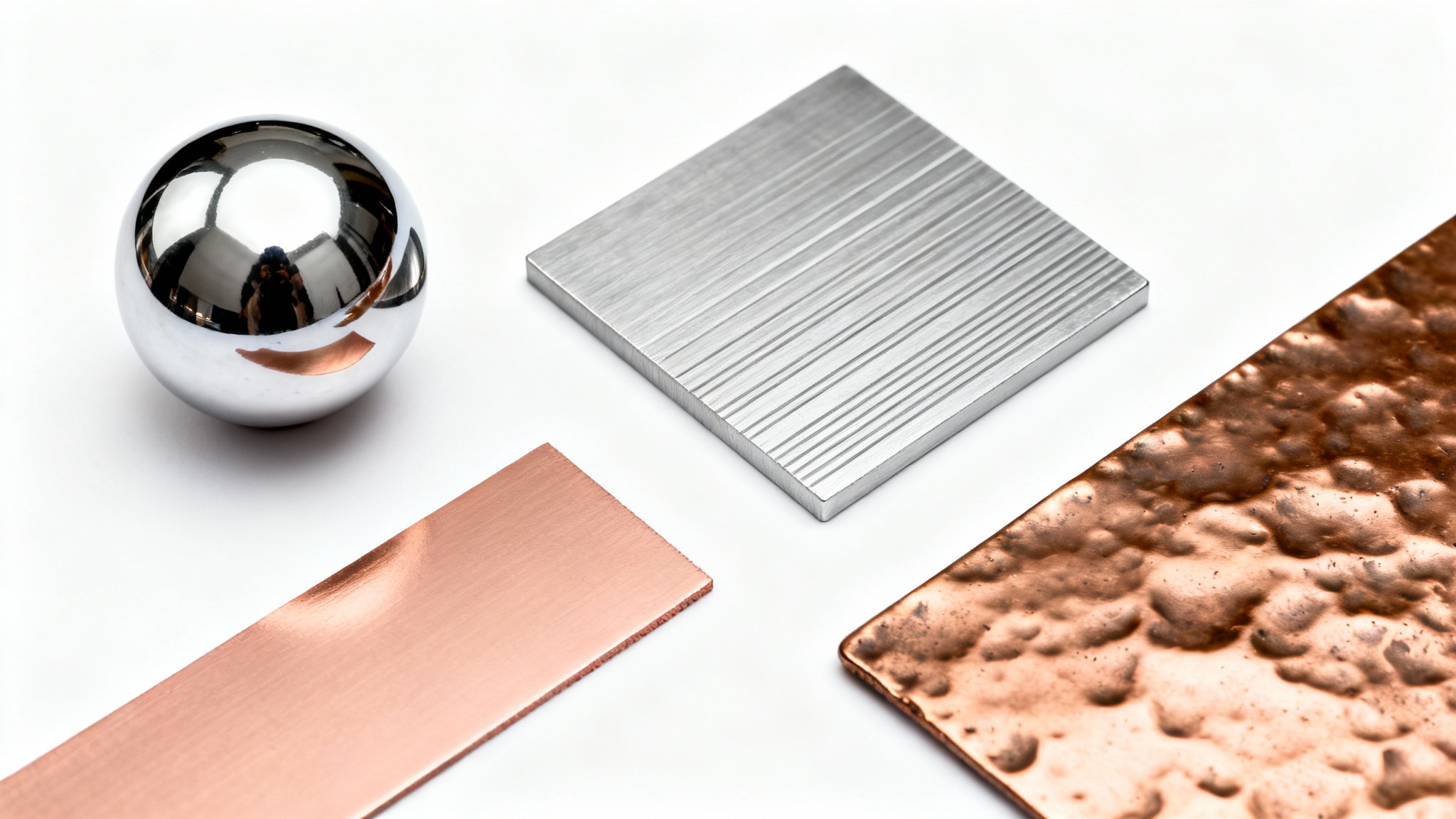 A photorealistic flat lay image showcasing a variety of metallic textures, including polished chrome, brushed aluminum, and hammered bronze, on a clean white background.