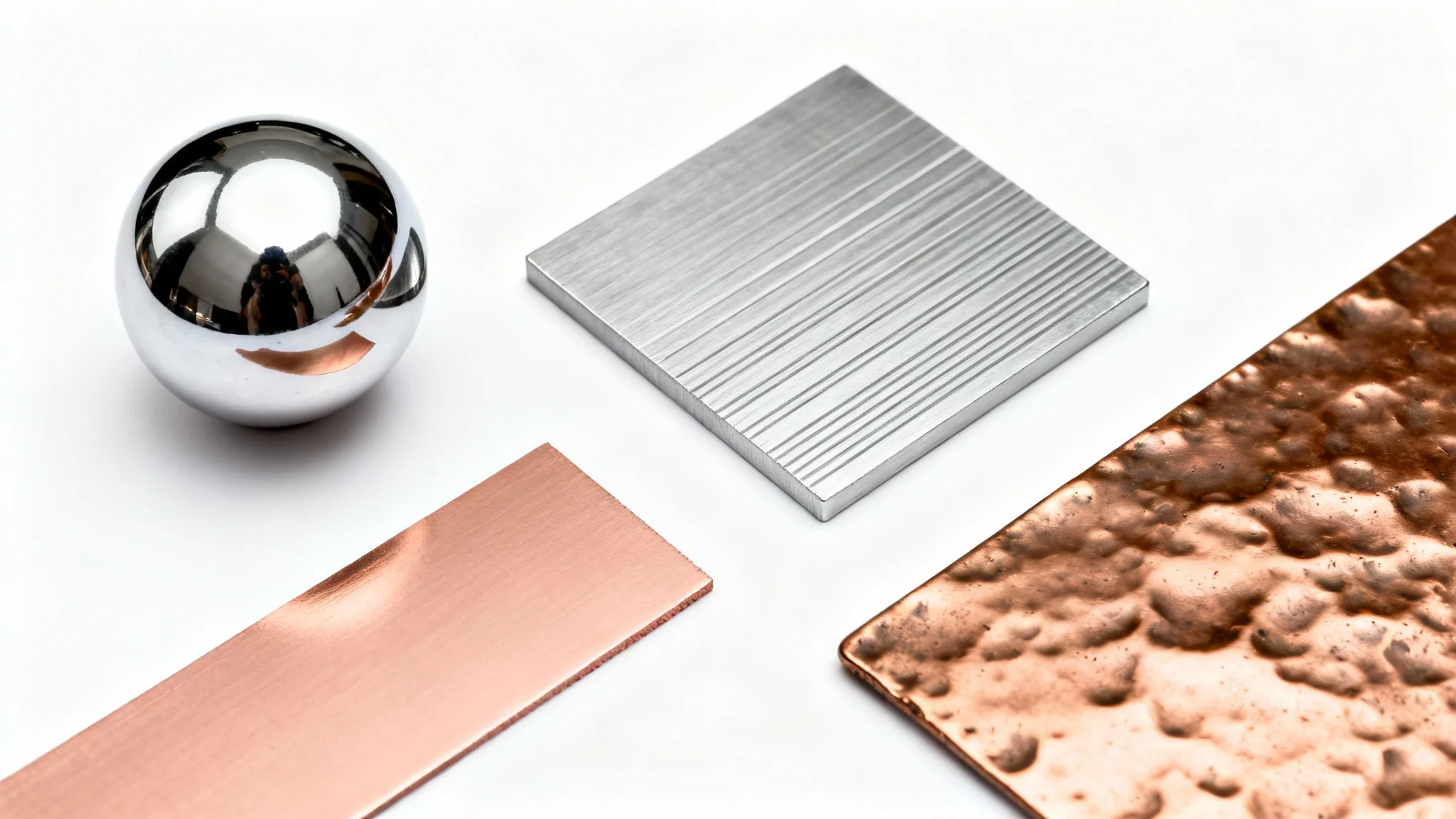 A photorealistic flat lay image showcasing a variety of metallic textures, including polished chrome, brushed aluminum, and hammered bronze, on a clean white background.