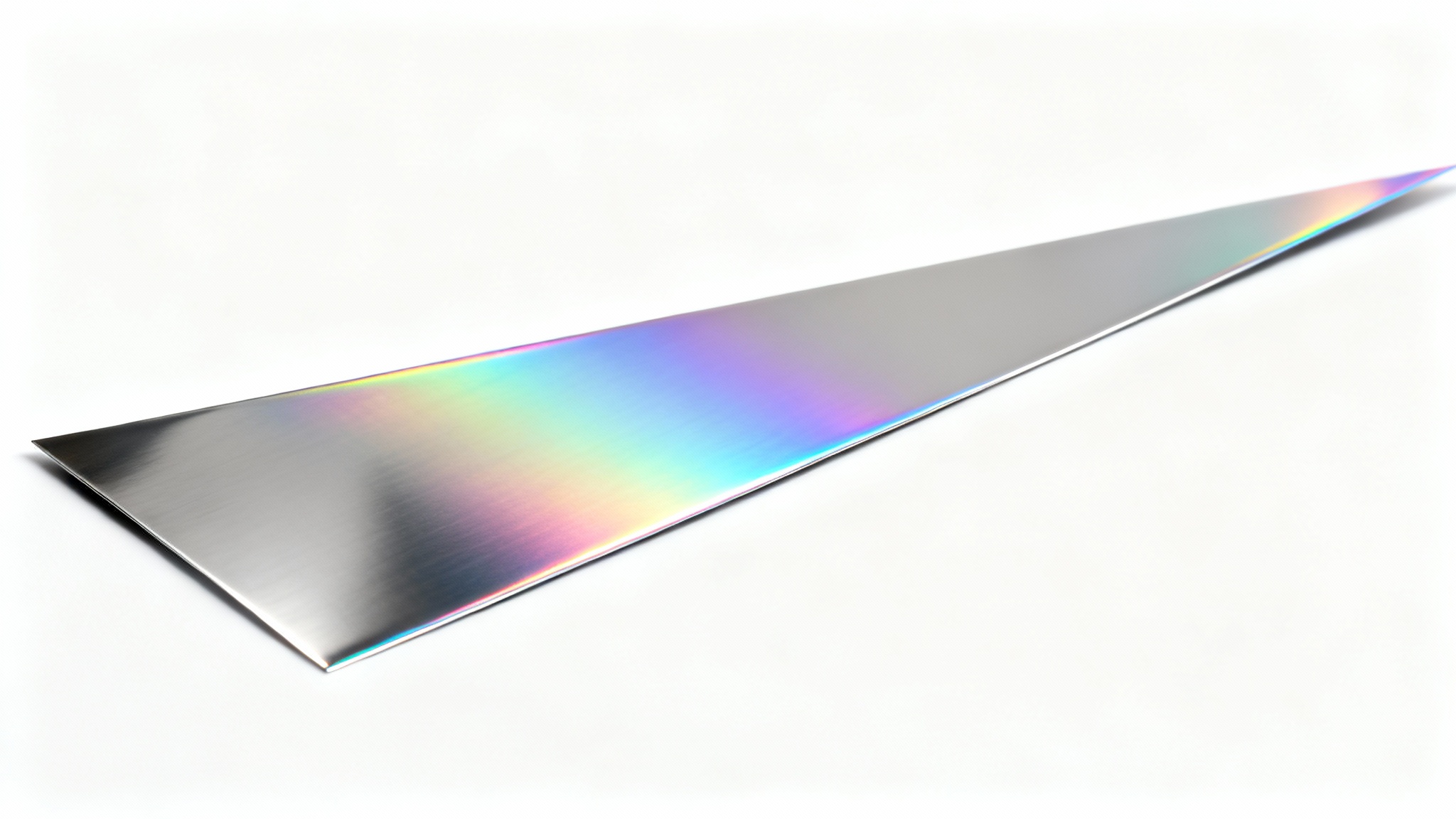 An extreme close-up of a polished chrome surface with an iridescent, rainbow-colored sheen, isolated on a solid white background.