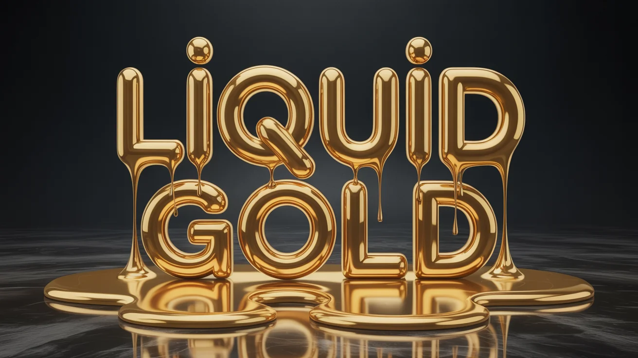 A hero image showing the text "LIQUID GOLD" created with a dripping text effect. The letters look like they are made of molten gold and are dripping downwards against a dark, clean background.