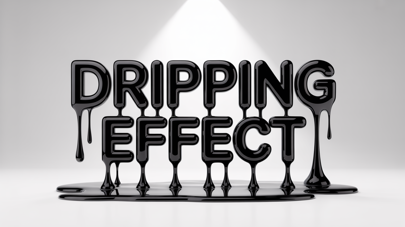 A photorealistic 3D rendering of the words 'DRIPPING EFFECT' made from a glossy black liquid, with drips melting down from the letters against a solid white background.