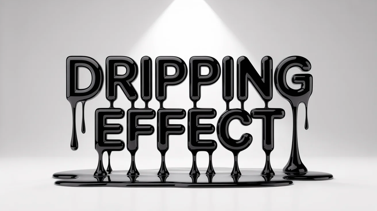 A photorealistic 3D rendering of the words 'DRIPPING EFFECT' made from a glossy black liquid, with drips melting down from the letters against a solid white background.