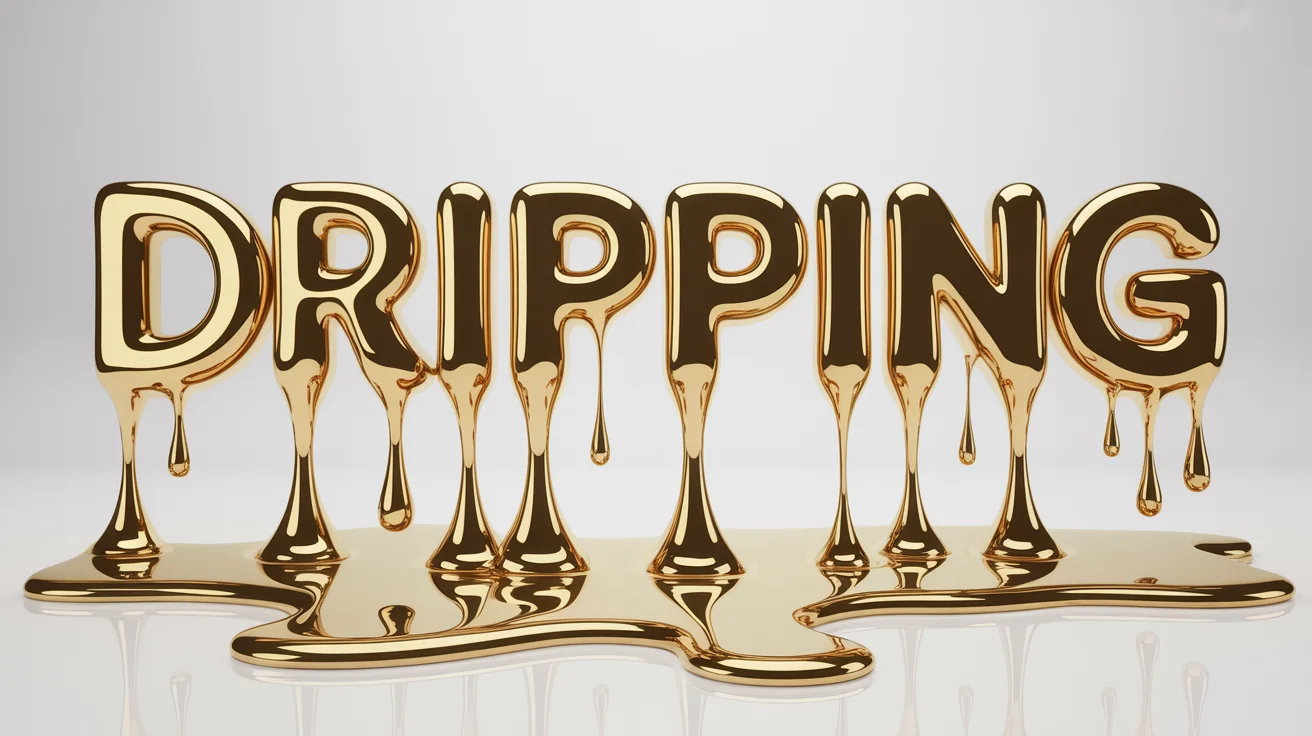 A photorealistic image showing the word 'DRIPPING' made of liquid gold, with drips melting down from the letters against a clean white background.