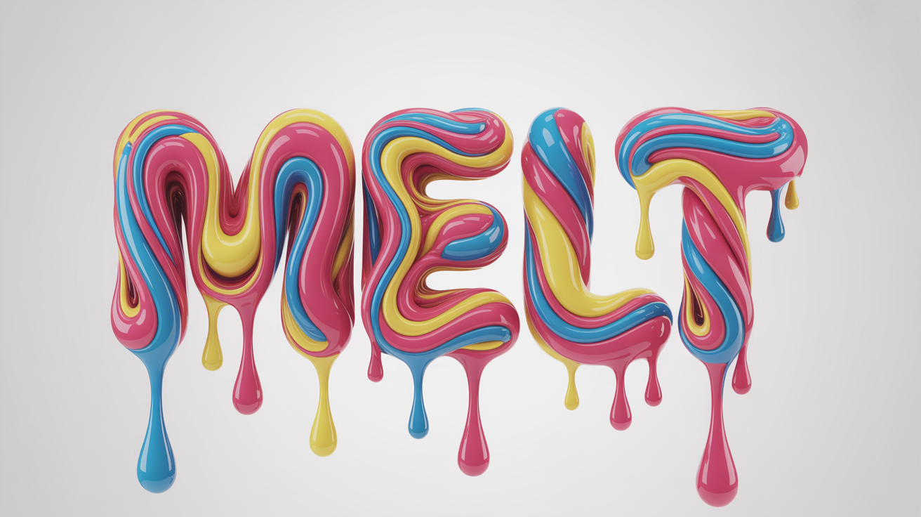 The word 'MELT' rendered in a 3D style, appearing as if it's made from thick, glossy, multi-colored liquid that is melting and dripping downwards against a clean white background.