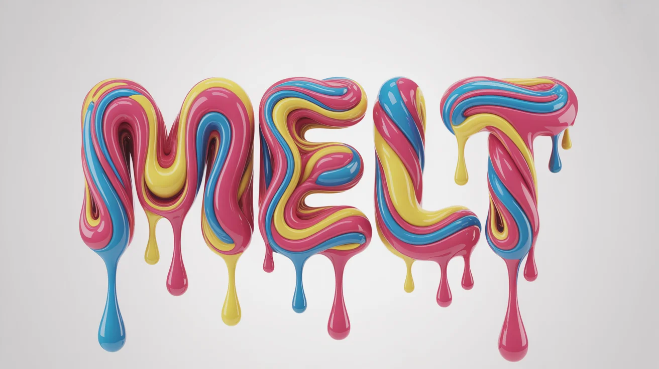 The word 'MELT' rendered in a 3D style, appearing as if it's made from thick, glossy, multi-colored liquid that is melting and dripping downwards against a clean white background.