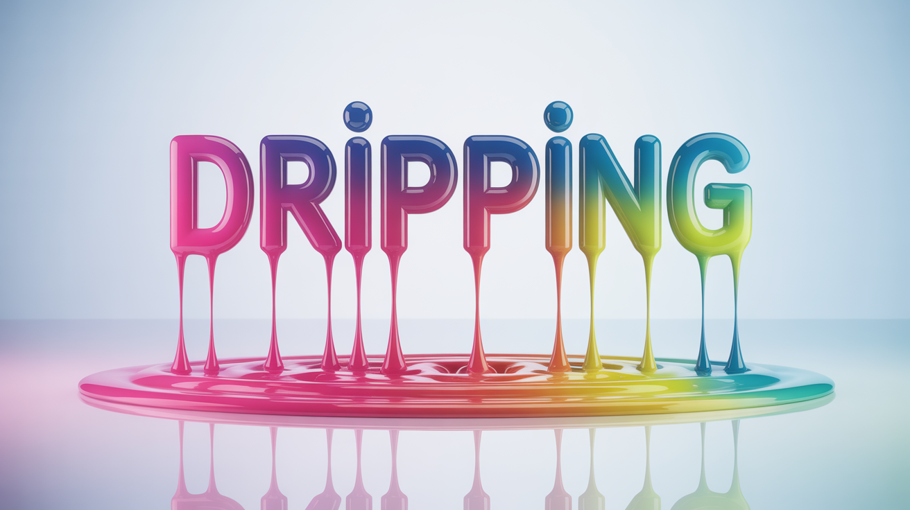 The word "DRIPPING" rendered in a thick, glossy, multi-colored liquid that is melting and dripping on a clean white background, showcasing a dripping text effect.
