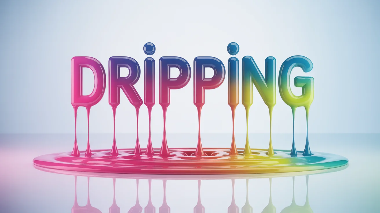 The word "DRIPPING" rendered in a thick, glossy, multi-colored liquid that is melting and dripping on a clean white background, showcasing a dripping text effect.