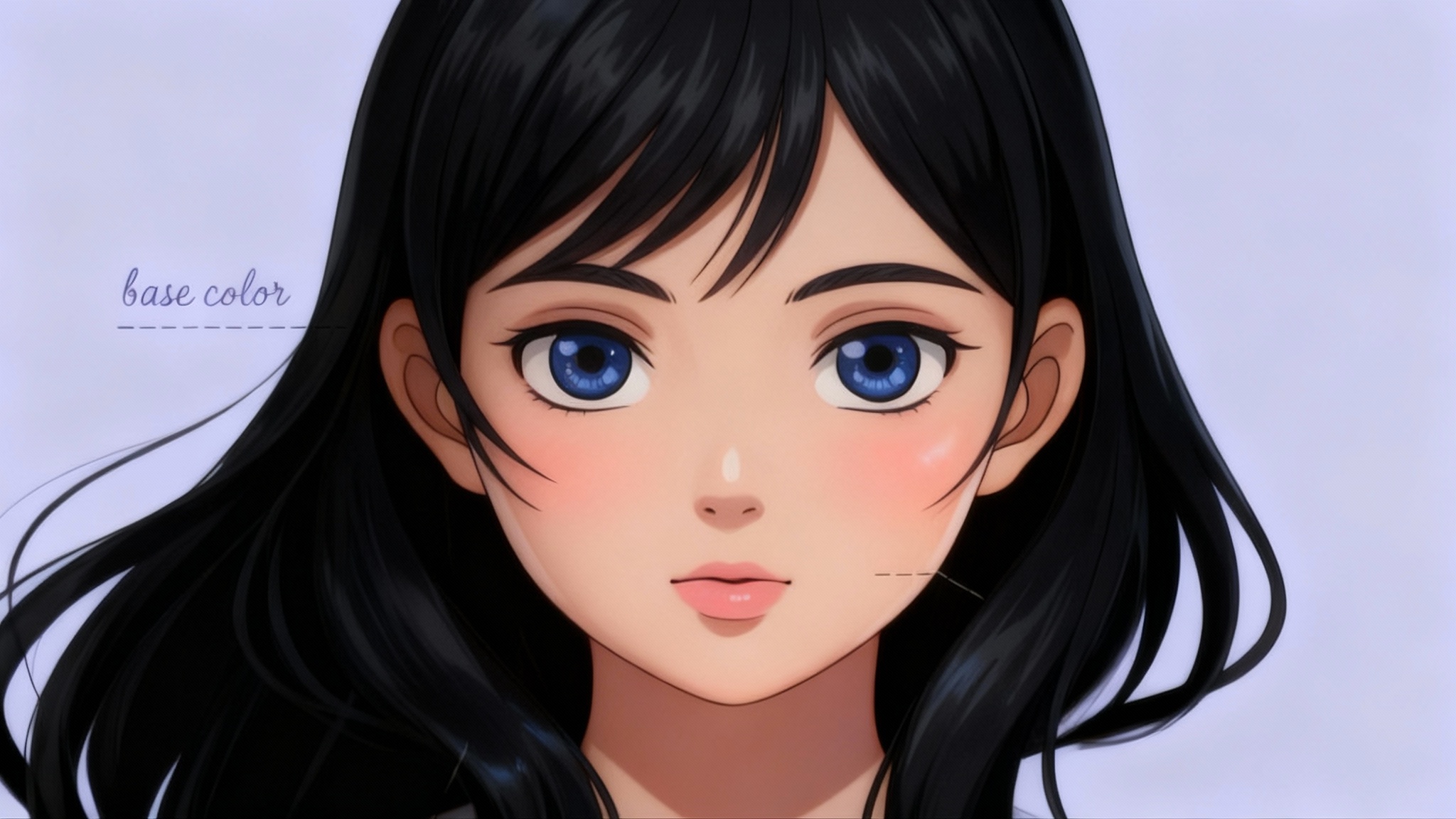 A professionally rendered close-up of an anime girl's face, demonstrating expert skin shading with soft shadows and luminous highlights, giving her a radiant and three-dimensional appearance.