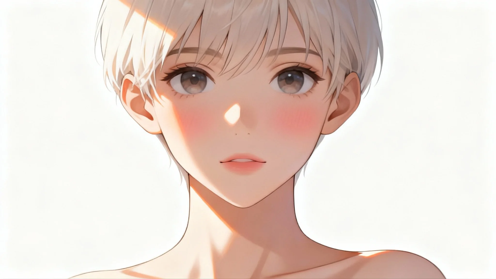 A close-up digital illustration of an anime character's face, showcasing advanced skin shading techniques with smooth gradients, soft shadows, and bright highlights on a plain white background.