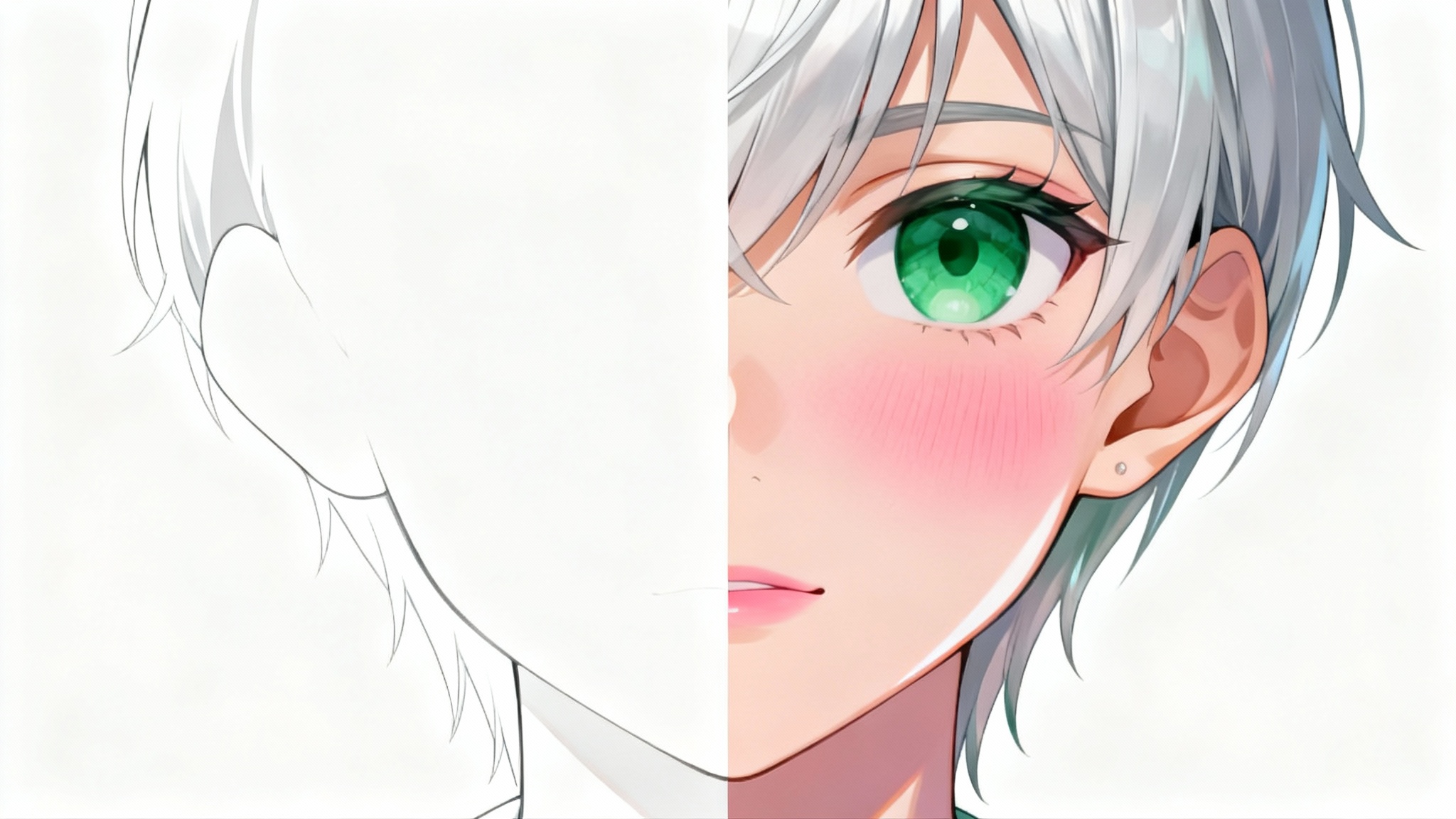 A close-up digital illustration of an anime character's face, split in half to demonstrate skin shading. One side has a flat base color, and the other is fully shaded with blush, shadows, and highlights.