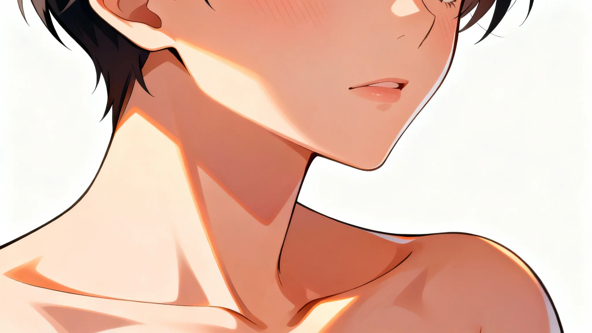 A detailed close-up of an anime character's face and shoulder, showcasing professional and smooth skin shading with soft highlights and shadows against a plain white background.